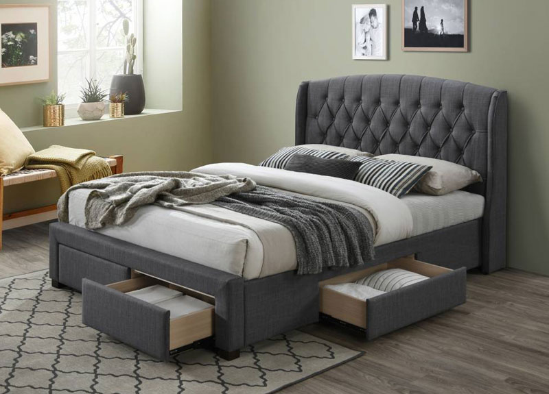 Dark Grey Fabric Queen Size Bed with 4 Storage Drawers - Ralgan