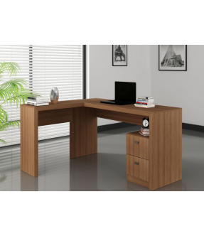 Brown Wooden L-Shape Home Office Desk 135cm with 2 drawers - Makin