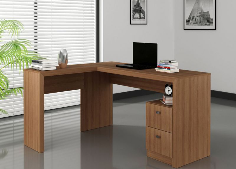Brown Wooden L-Shape Home Office Desk 135cm with 2 drawers - Makin