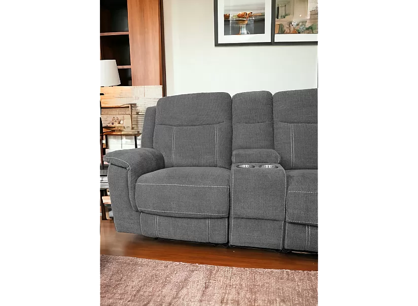 L-Shaped 5 Seater Grey Fabric Recliner Lounge with Two Manual Recliners and Console - Alice