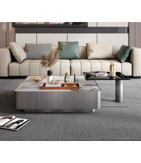 Grey Shade Square Marble Top Coffee Table and Glass Top Side Table with Stainless Stell Legs - Maison