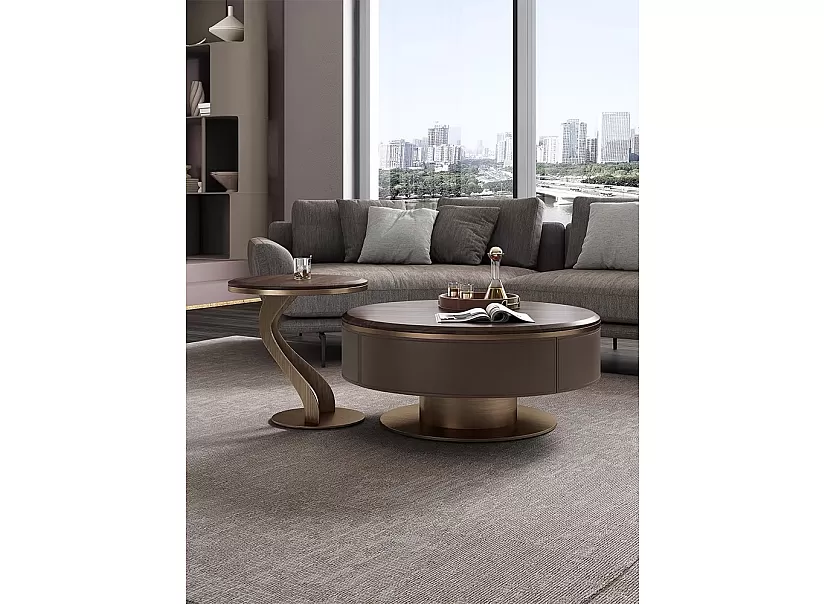 Brown Round Wooden Top Coffee Table and Side Table with Stainless Steel Legs - Tiona