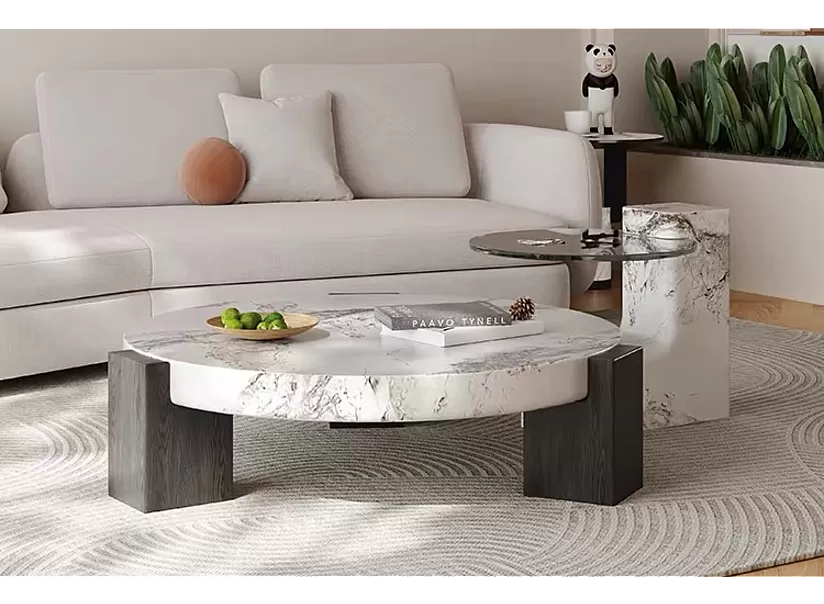 Round Marble Top Coffee Table and Tempered Glass Top Side Table - Hanson