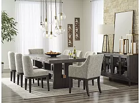 Allora Wooden Rectangular Dining Set (6-8 Seaters) with 6 Wooden Fabric Upholstered Dining Chair and 2 Dining Armchair