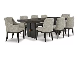 Allora Wooden Rectangular Dining Set (6-8 Seaters) with 6 Wooden Fabric Upholstered Dining Chair and 2 Dining Armchair