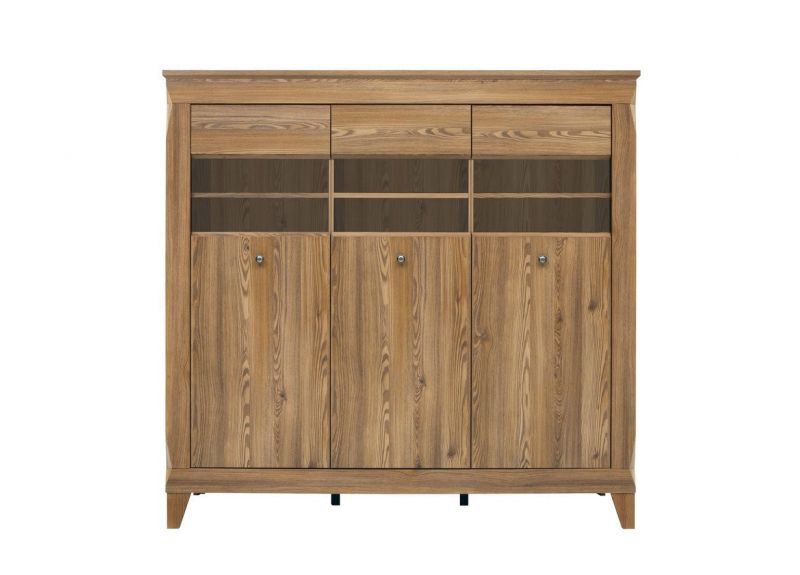 Traditional Light Oak Wide Glass Display Sideboard Cabinet Showcase Storage 3 Door Unit with LED Light – Hampton - Floor Stock