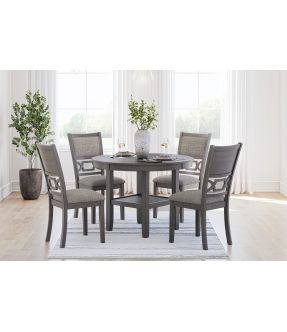 Wooden Round Dining Table with 4 Fabric Dining Chairs in Light/ Dark Brown - Karakin