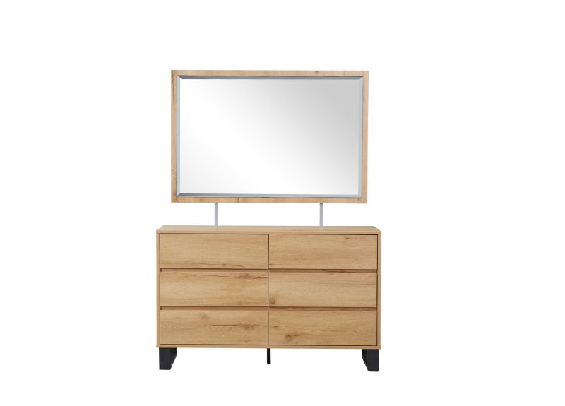 Wooden/ Timber Contemporary Dresser and Mirror with 6 Drawers in Natural Oak Colour - Coogee