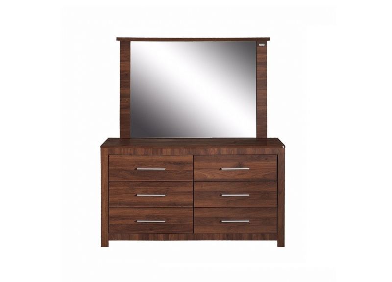 Wooden/Timber Dresser and Mirror with 6 Drawers in Dark Oak/ Walnut Colour - Jason