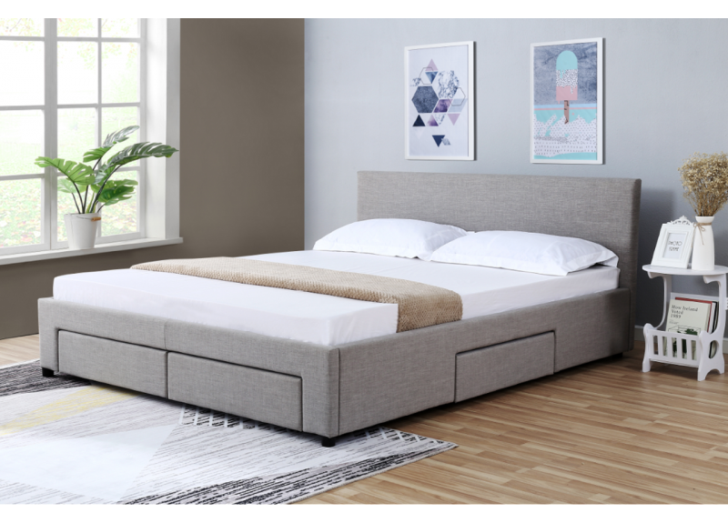 Grey Fabric Upholstered Double Bed with 4 Drawers - Nicole