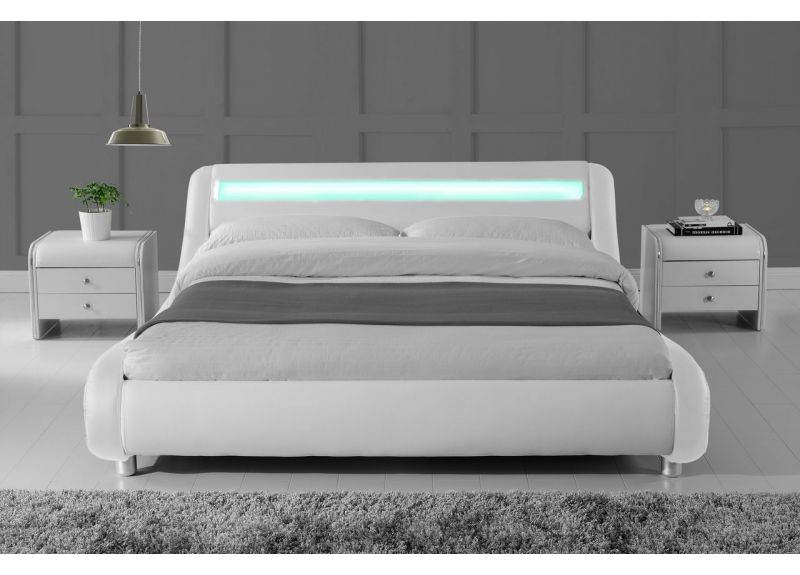 Double Bed with LED Lights and Upholstered in Faux Premium Leather - Thomas