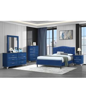 Velvet Fabric Bedroom Set with Nail Trims and Tufted Button in Blue - Jamison