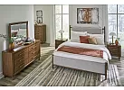 Grey Fabric Upholstered and Contrasting Wooden King Bed Frame with Sling Style Cushioned Headboard - Jarklin