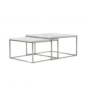 Set of 2 Square Wooden Coffee Table with Metal Legs in Marble White Colour - Kairi
