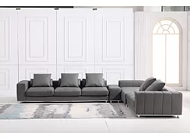 4 Seater Leather L-Shape Modular Lounge Suite with Chaise, Ottoman and Coffee Table - Latrobe
