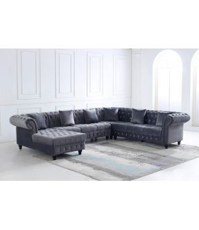 7 Seater Fabric U-Shape Modular Lounge Suite with Chaise and Nail Trim Design - Laura