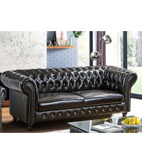 Francis Black Chesterfield Style Leather 3 Seater Sofa without Crystal - Floor Stock