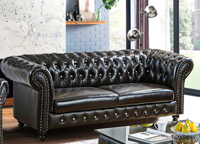 Leather 3 Seater Sofa, Black Leather Chesterfield Style Sofa