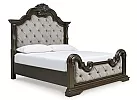 King Size Traditional Wooden Bed Frame with Elegant Curved Patterns and Fabric Upholstery - Newcastle