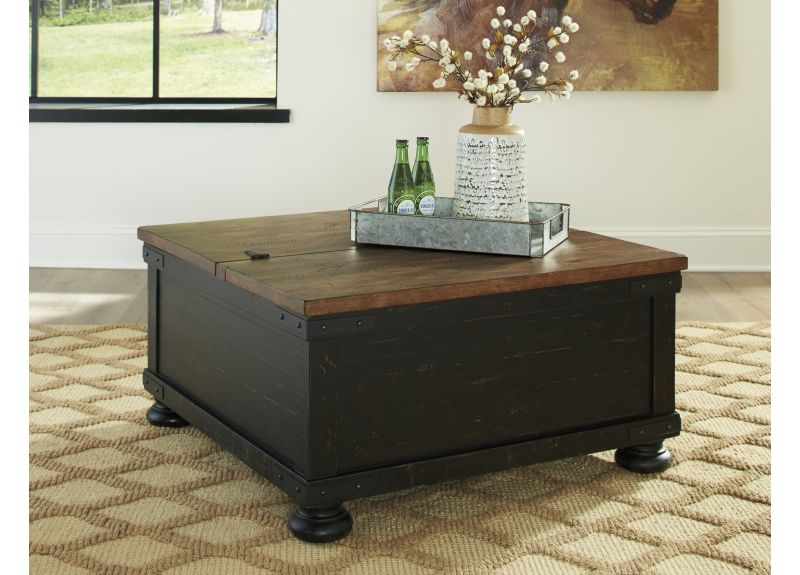 Black Wooden Lift-top Square Coffee Table with Storages in Rustic Farmhouse Style - Tandora