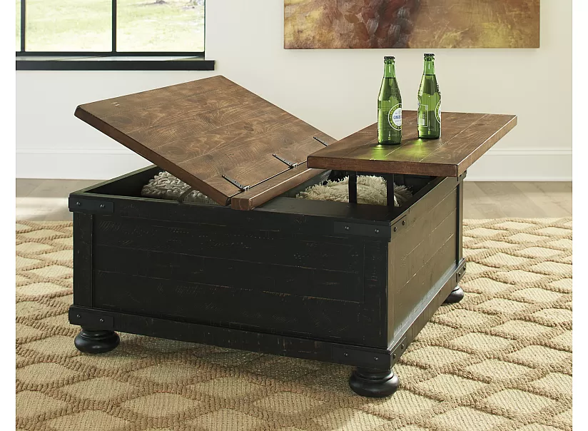 Black Wooden Lift-top Square Coffee Table with Storages in Rustic Farmhouse Style - Tandora