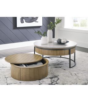 Circular Wooden Lift Top Coffee Table and Rolling Storage Trunk Set of 2 - Fernside