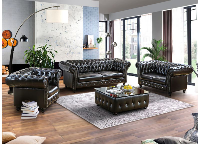 Leather 3 Seater Sofa, Black Leather Chesterfield Style Sofa