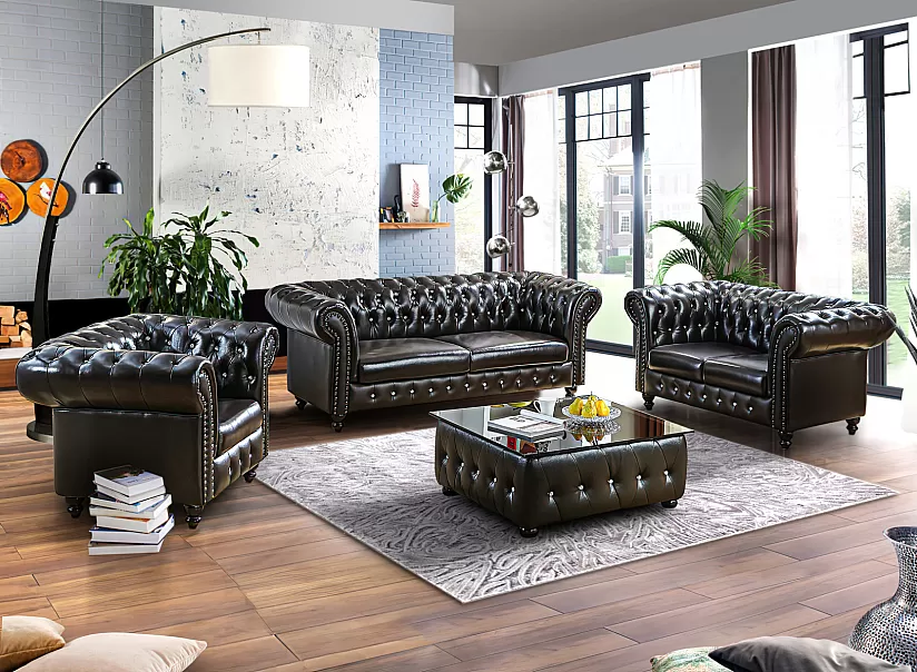 Francis Chesterfield Style Leather 3 Seater Sofa - Floor Stock