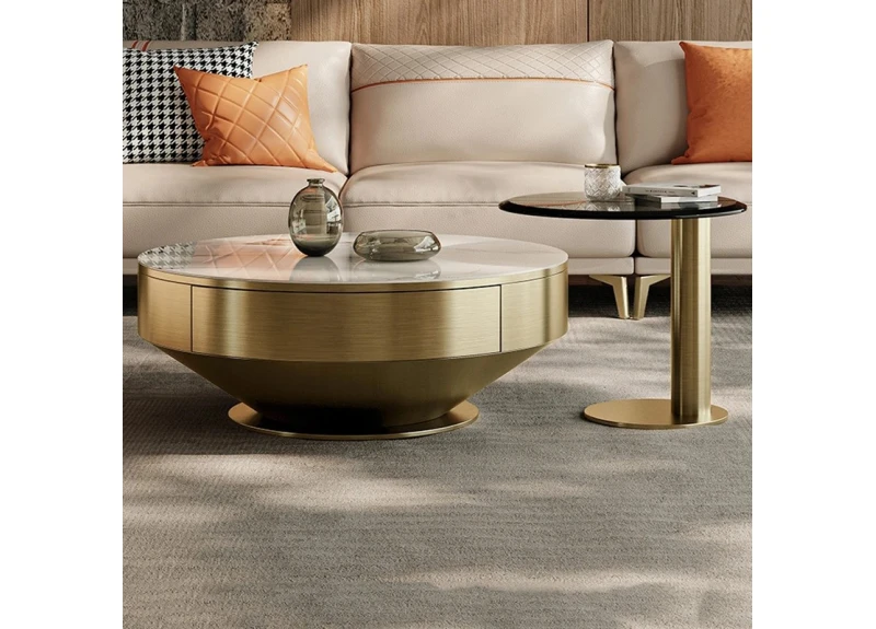 Gold Shade Round Marble Top Coffee Table and Tempered Glass Top Side Table with Stainless Steel Legs - Evelyn