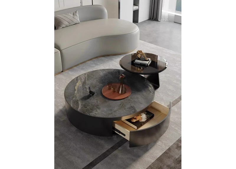 Grey Shade Round Marble Top Coffee Table and Tempered Glass Top Side Table with Stainless Steel Legs  - Verona
