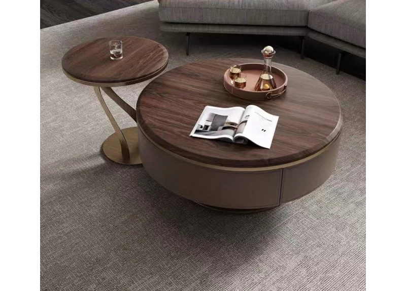 Brown Round Wooden Top Coffee Table and Side Table with Stainless Steel Legs - Tiona
