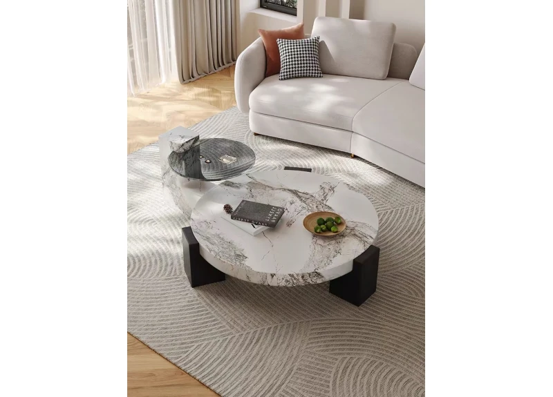 Round Marble Top Coffee Table and Tempered Glass Top Side Table - Hanson