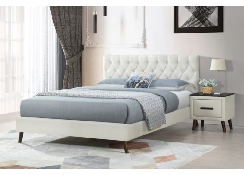 White Fabric Queen Bed with Tufted Buttons - Adelaide