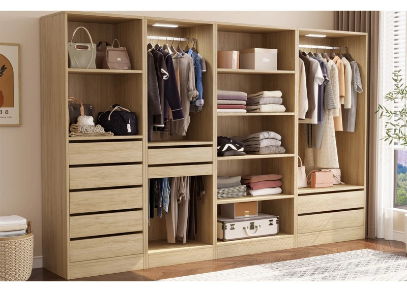 Natural Wood 4 Modular Wardrobes with Shelves, Hanging Rails, Drawers and Led Lights - Bayview