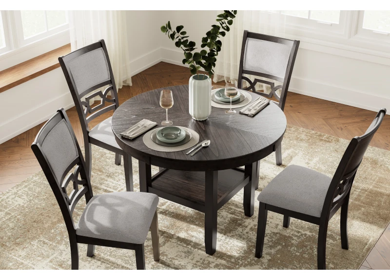 Wooden Round Dining Table with 4 Fabric Dining Chairs in Light/ Dark Brown - Karakin