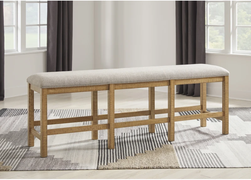 Brown Wooden Dining Bench with Fabric Upholstery and Foot Bar - Harman