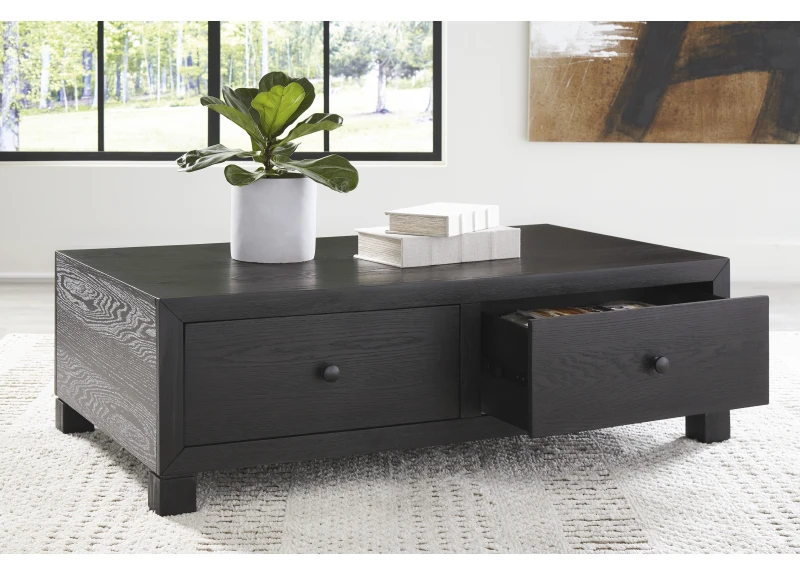 Black Wooden Rectangular Coffee Table with Drawers in Classic Style - Laglan