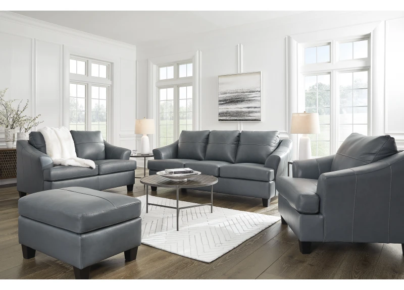 Genuine Leather Lounge Suite Set in White/ Grey (Ottoman + Armchair + 2 Seater + 3 Seater) - Calista