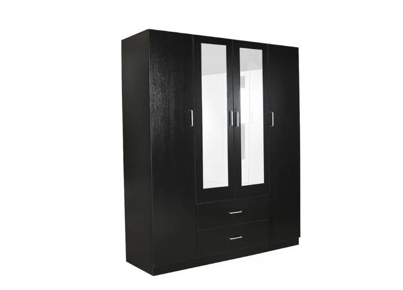Black/ White 4 Door Mirrored with 2 Drawers Wardrobe - Sunbury