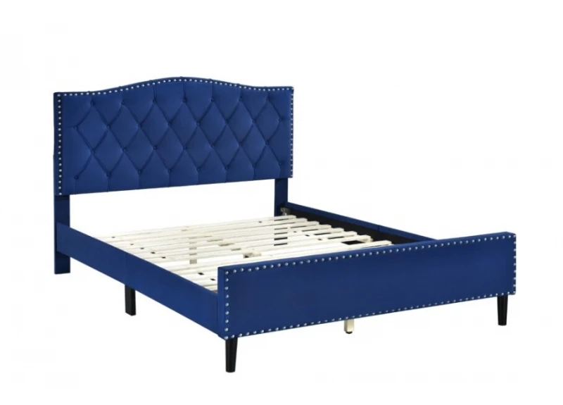 Blue Velvet Fabric Bed with Nail Trims and Tufted Button - Jamison