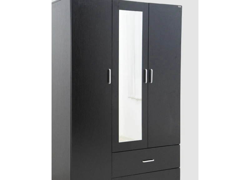 Black/ White 3 Door Mirrored with 2 Drawers Wardrobe - Sunbury 
