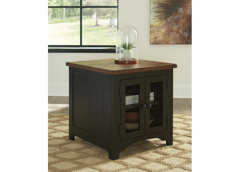 Black Wooden Square Side Table with Shelves in Rustic Farmhouse Style - Tandora