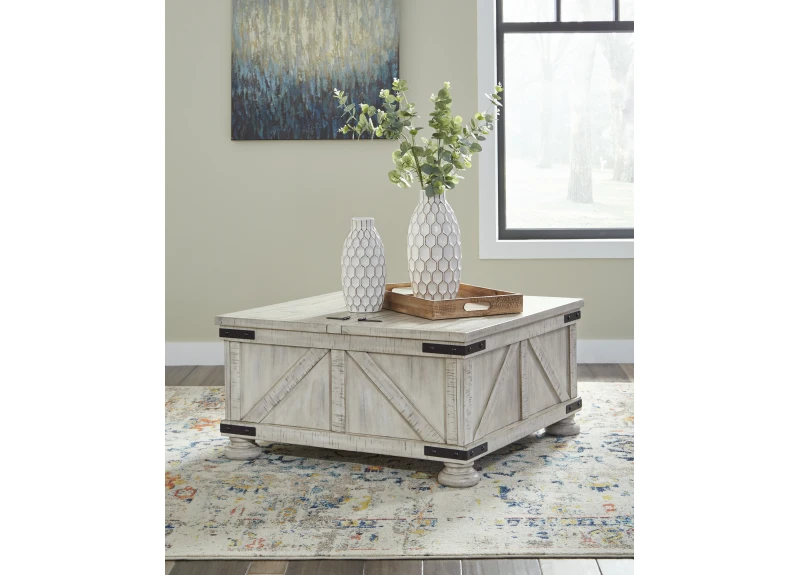 Lift Top Wooden Square Coffee Table with Storage in Rustic Farmhouse Style - Altona
