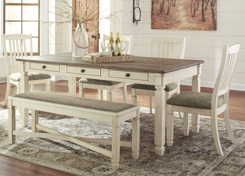 Watsonia Rectangular Dining Table Set, Bench Dining Table Set White