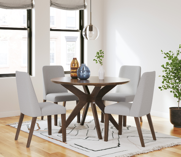 Wooden Round Dining Table Set (4 Seaters) With 4 Upholstered Dining Chairs - Jarklin