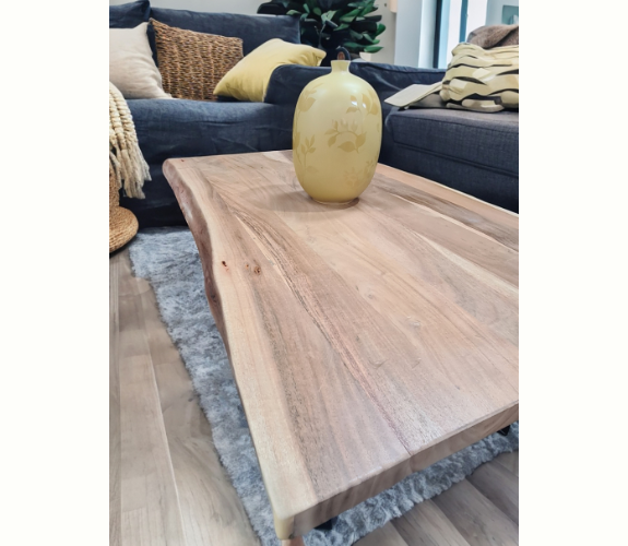 Wooden Rectangular Coffee Table Made with Solid Acacia Wood, Featuring Curved Edge Design and Metal Legs - Eden