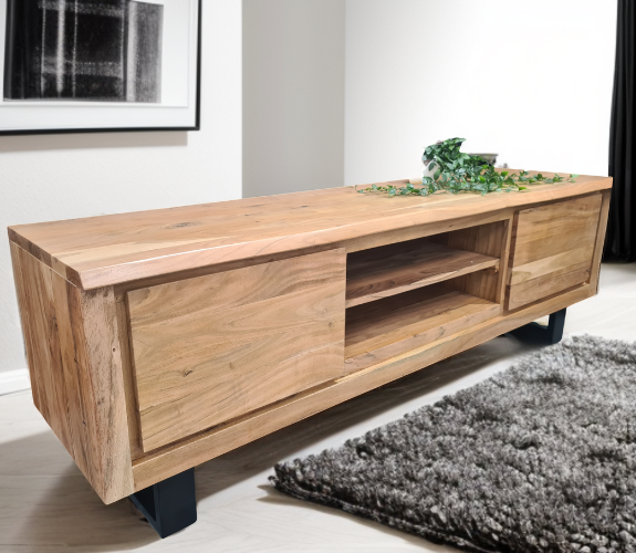 Wooden TV Unit Made with Solid Acacia Wood, Featuring Curved Edge Design and Metal Legs - Eden